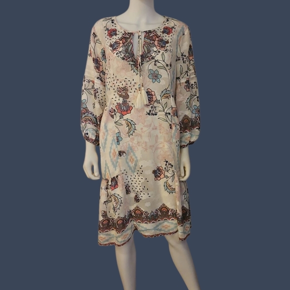 REBA Southwestern Floral Boho Ruffle Keyhole Jacquard Dress with Tassel Tie - Picture 1 of 14